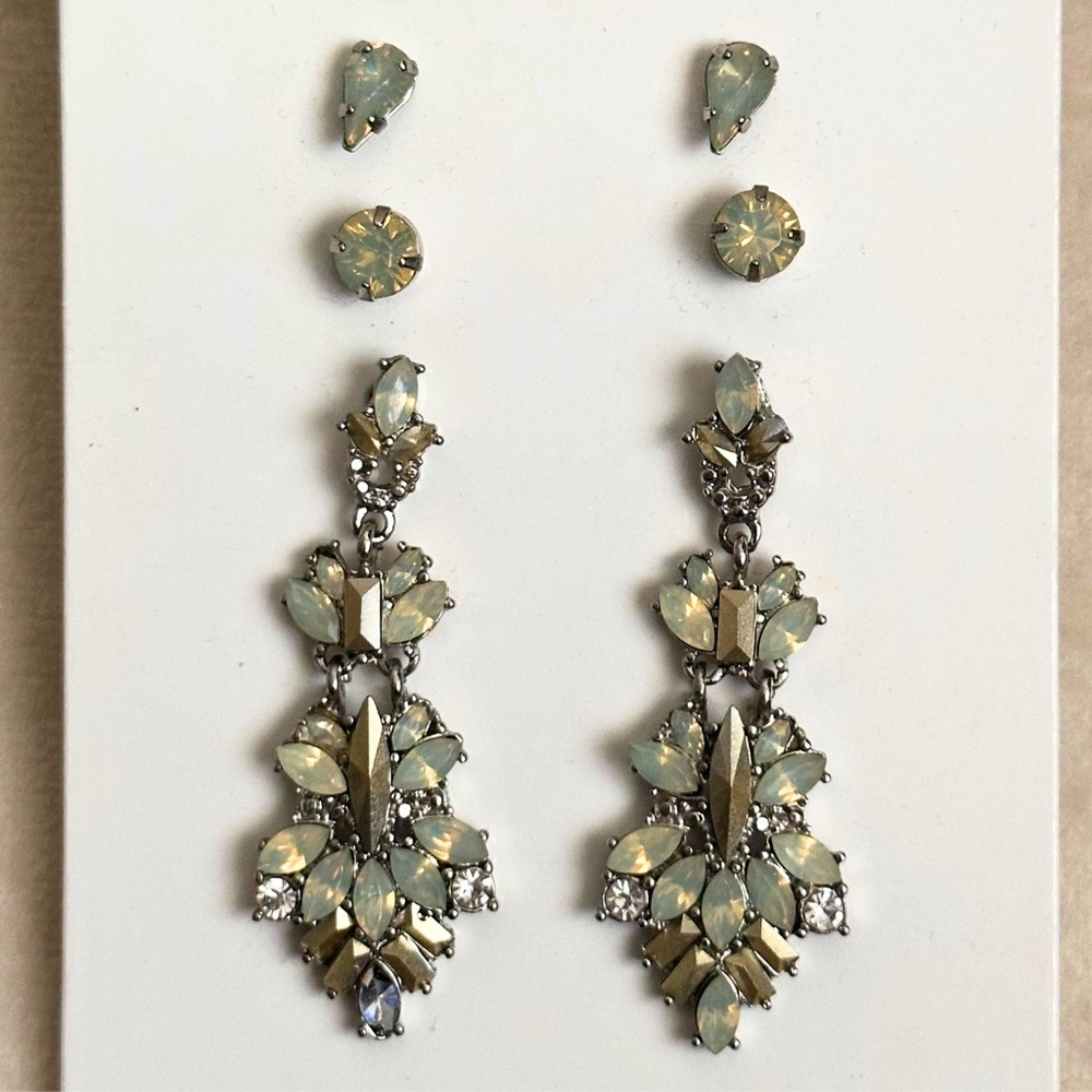 Three Opal Rhinestone Drop Earrings - Pale Green Crystal Statement Earring Set